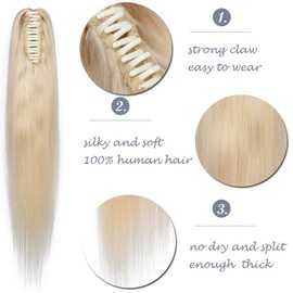 100% Remy Human Hair Ponytail Extension One Piece Claw/Jaw Clip Ponytail Hairpiece Clip In Pony Tail Extensions For Girl Lady Women Long Straight #613 Bleach Blonde 16'' 105g
