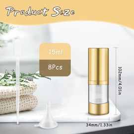 DynnnDy 8 Pcs 15ml/0.5oz Empty Airless Pump Bottles without Straw Plastic Vacuum Bottle Refillable Cosmetic Containers for Lotion Cream Foundation,1Funnel & 1 Pipette,Golden Head