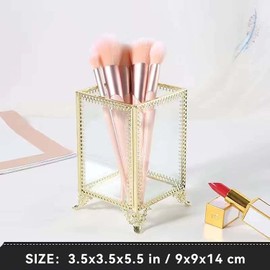 HKS Makeup Brush Holder Vintage Glass Handmade Organizer with Pink Pearls for Nail Brush, Vanity, Bathroom, Dresser, Countertop - Gold