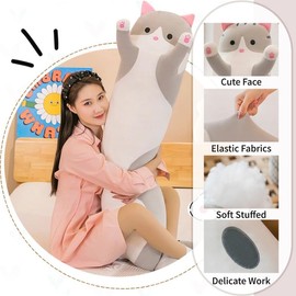 Kekeso Long cat plush Pillow, Soft & Cuddly Cat Plush Pillows - Large Cat-Themed Body Pillows, for Birthdays, Christmas, and Children’s Day(Gray,70cm)