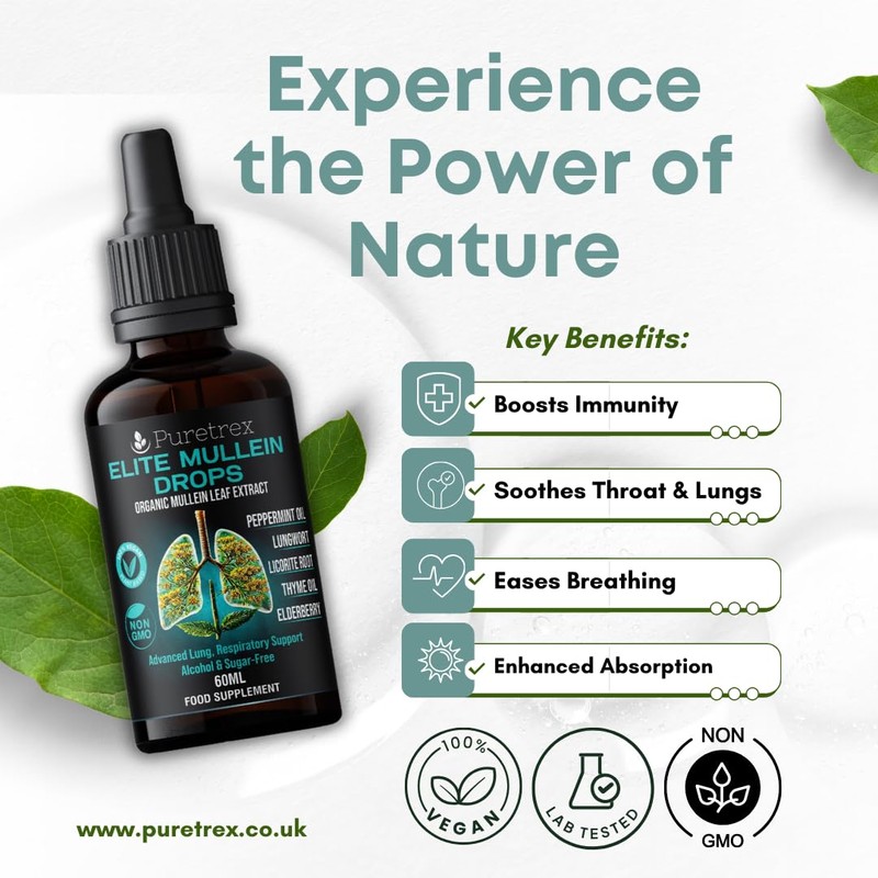 Puretrex Puretrex Elite Mullein Drops, Organic Mullein Leaf Extract, 60ml,