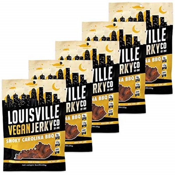 Louisville Vegan Jerky - Smokey Carolina BBQ, Protein Source for Vegans and Vegetarians, 12 Grams of Non-GMO Soy Protein, Gluten-Free Ingredients (Pack of 5, 3 Ounces)