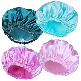 4 PCS Shower Caps for Women Elastic Shower Bonnet Reusable Satin EVA Double Layer Waterproof Bath Cap (Solid Color)