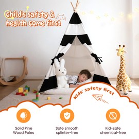xiaowantong Teepee Tent for Kids with Padded Mat, Lights, and Carry Bag, Washable Playhouse for Indoor Use, Ideal Play Tent for Girls and Boys, Stripe Black