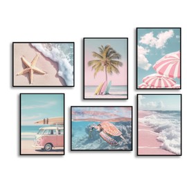 6 piezas de arte de pared de verano playero, estampado de océano tropical rosa fresco, sillas de playa, tabla de surf, palmera, decoración de pared, lona retro costero, autobús, rosa, furgoneta