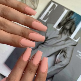 Matt Nude Press On Nails Medium Long Square KXAMELIE Pure Solid Colours Press on Nails Coffin Nails for Sticking Acrylic Nude False Fingernails Natural, DIY Professional Nail Salons