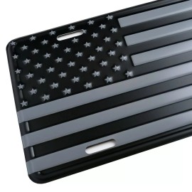 Unbranded American Flag License Plate. Embossed Aluminum Cool Grey Imprint on Black