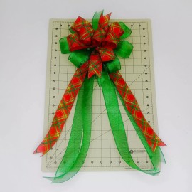 Handmade Christmas Bow, Wreath Bow, Red with Green Metallic Stripes, Metallic Emerald Gre