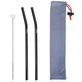 Explorer Bear 2pc Reusable Black Titanium Straws w/Cleaning Brush & Carrying Bag