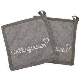 MC Trend Set of 2 Pot Holders Favourite Food with Lettering, 20 cm, in Grey, Cotton, Oven Gloves for Cooking and Baking, Household Aid for Optimal Protection (Set of 2 Pot Holders)