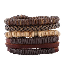 4Pcs Mens Braided Leather Bracelets Set for Men Woven Wrist Cuff Bracelets Hemp Cords Wooden Beads Wrap Bracelets Adjustable Wristband Bracelets