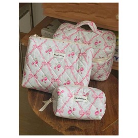 WDIRARA Women's Travel Makeup Bag Bow Floral Cosmetic Pouch Toiletry Bag with Zipper, Pink, Medium, Soft