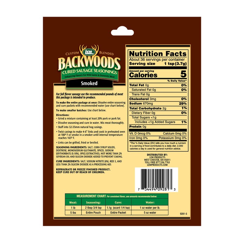 LEM Backwoods Cured Sausage Seasoning with Cure Packet, Smoked Sausage