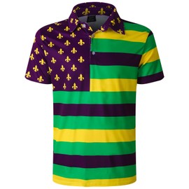 Men's Mardi Gras Striped Polo Shirt Fleur De Lis Flag Purple Gold Green Rugby Golf Costume, Mardi Gras Flag, Large