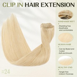 S-noilite 16 Inch Clip in Hair Extensions 100% Human Hair 8Pcs 18Clips Normal Weft Full Head Clip in Hair Extensions for Women Silky Straight Natural Blonde Real Hair Extension(65g,#24 Natural Blonde)