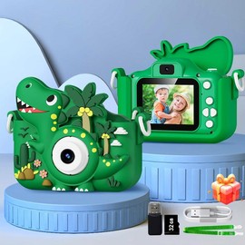 Cartoon Dinosaur Design Camera Toy, 1080P HD Digital Camera with 5 Puzzle Games, Fun Stickers for Girls Boys, Birthday Gifts - Color: Green, Specification: Camera +32GB