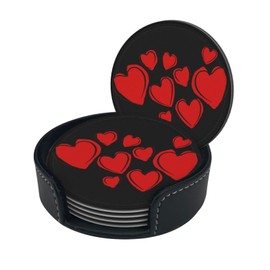 Valentine's Day Red Hearts Print Coaster Set of 6 for Drinks with Holder for Coffee Wooden Table Home Decor 4 inch