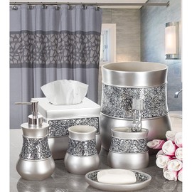 Creative Scents Crackled Glass Silver Bathroom Accessories Set Complete - 6 Piece Bathroom Accessory Set Includes: Trash Can, Tissue Box Cover, Soap Dispenser, Toothbrush Holder, Soap Dish & Tumbler