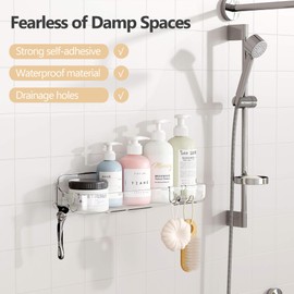 UDD Acrylic Shower Caddy Shower Organizer, Plastic Adhesive Shelf with Hook and Self Adhesive Tape, No Drilling Clear Wall Mount Shower Shelves for Bathroom Kitchen, Clear