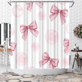 WELMECO Bow Shower Curtain Cute Bow Knot Girls Bathroom Decor Aesthetic Polyester Fabric Shower Curtain, 72x72inch with Hooks (Pink)