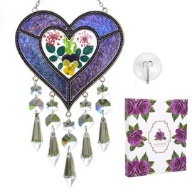 Heart-Shaped Sun Catcher, Romantic Purple-Blue Heart Crafted with Real Flower Metal Crystal Stained Glass, Birthday Gift Mother's Day Easter Thanksgiving