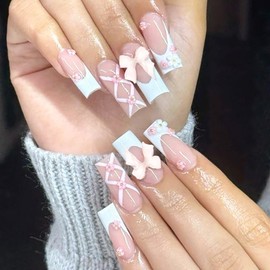 Press on Nails Long Artificial Nails French Tip Nails for Sticking 3D Bows Flowers Artificial Nails Pink White Artificial Nails Fake Nails Fingernails Nail Art Accessories Pack of 24