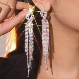 Octwine Women Silver Statement Rhinestone Tassel Long Earrings Sparkly Long Rhinestones Chandelier Dangle Drop Earrings Bridal Wedding Party Prom Earrings Teardrop Dangle Earrings for Women, Large,