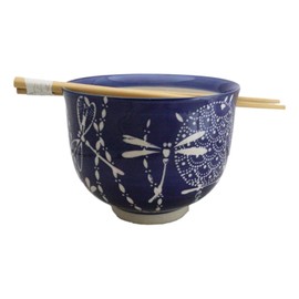 Ebros Gift Artistic Donburi Ramen Udon Noodles Soup Salad 5" D 18Oz Bowl With Bamboo Chopsticks And Built In Rest Set Asian Dining Kitchen Accent (Blue Tombo Dragonfly)
