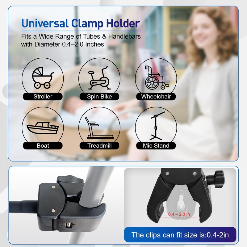 Clip Phone Holder for Desk,Pole,Pipe,Boom,Flat Surface with Adjustable Aluminium Arm