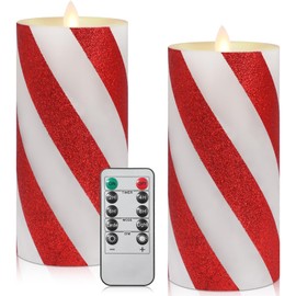 2 Pcs Christmas Flickering Flameless Candy Cane Flame LED Candles 3'' x 6'' Real Wax with Remote Timer Battery Operated Fake Candle Red Wide Glitter Stripe Pillars for Party Decoration