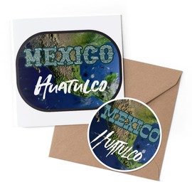 1 x Greeting Card & 10 cm Round Sticker Set - Huatulco Resort Mexico Map - Birthday Thank You Friend Lover Fan Mum Dad Kids #60399