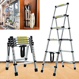 4+5 Step Ladder Telescoping Ladder 4.5FT Portable Multi-Purpose Folding Ladder Aluminum Heavy Duty Extension Telescopic Ladder Convenient Handgrip Widened Pedal Safety Lock 330lb Max Load Easy to Use