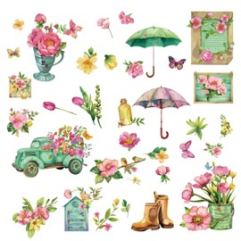 CRASPIRE 8 Sheets Spring Flowers Window Clings Summer Floral Glass Stickers Butterfly Umbrella Truck Waterproof Anti Collision Window Decal Peel and Stick for Home Bedroom TV Wall Decoration 5.7x7.87