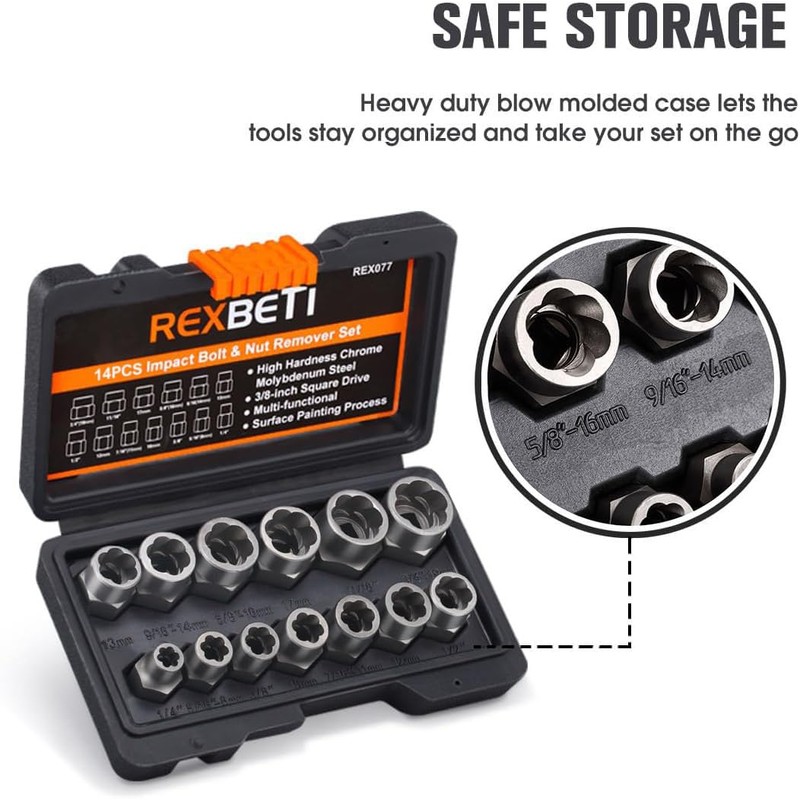 REXBETI Impact Bolt & Nut Remover Set, 13+1 Pieces Bolt