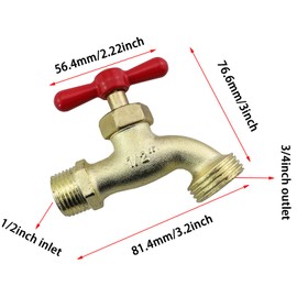 KKUANG Outdoor Garden Hose Faucet 1/2Inch to 3/4Inch Zinc Alloy Copper Plated Spout Red Handle Threaded Garden Hose Outlet Faucet Connector Valve