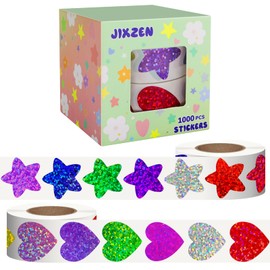 JIXZEN Star and Heart Stickers for Kids Reward, 2 Rolls 1000Pcs Holographic Sparkly Incentive Foil Stickers for Teacher Supplies, Potty Training Reward and Fun Decorations (Multicolored, 1.0 Inch)