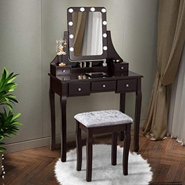 CHARMAID LED Vanity Set with 10 Dimming Light Bulbs, 3-Slot Removable Organizer, 5 Drawers, 2 Dividers, Dressing Makeup Table with Lighted Mirror and Cushioned Stool for Bedroom Bathroom (Brown)