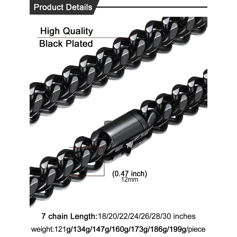 Black Stainless Steel Cuban Link Chain for Men 12mm 18Inch