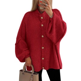 PRETTYGARDEN Women's Winter Button Down Cardigan Sweaters Mock Neck Lantern Long Sleeve Chunky Knit Jacket Trendy Outerwear (Jujube Red,Medium)