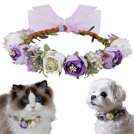 PAWLARISPETS Pet Flower Collar with Adjustable Ribbon Small Dog Wedding Attire Wreath Bow Purple Cat Floral Collar Dog Flower Ring for Wedding Ceremony Small Dogs Cats Puppies Bunnies Grooming (M)
