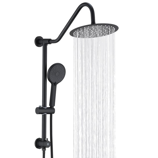 UCLIMAA 10 Inch Rain Shower Head with Handheld System, 24" Drill-free Slider Bar with Low 3-Way Diverter for Easy Reach, 4 Setting Handheld Spray with 5Ft Stainless Steel Hose - Matte Black