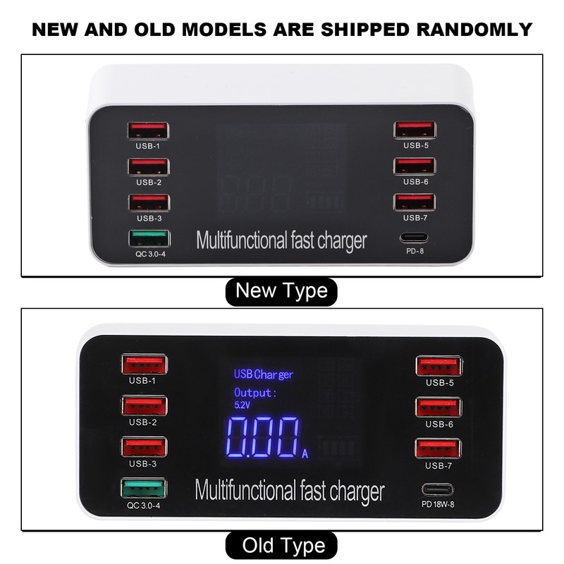 8-Ports Intelligent Charging Station LED Display Digital QC3.0 PD 60W