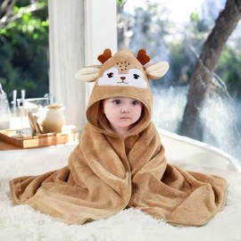 Plush Hooded Towel for Babies and Toddlers, Soft and Cosy, Raindeer Animal Design, Brown