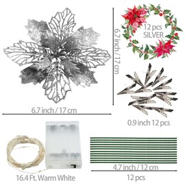 12 Pcs Christmas Glitter Artificial Poinsettia Flowers, 6.7" Christmas Tree Ornaments for Christmas Tree/Xmas Wreaths/Wedding/Garland Holiday Decoration (Silver)