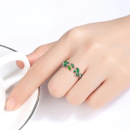 MASOP Rings Sterling Silver 925/Gold/Rose Gold Leaf Branch Ring Open with White/Green AAA Zirconia Adjustable, stone