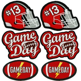 XMJY 6 Pcs Game Day Patch, Football Helmet Game Day Iron on Patches, Embroidered Aesthetic Sew on Appliques for Clothes Backpacks Jeans Jackets Hats Bag Decor(Red White)