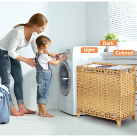 Laundry Hamper with 3 Removable Liner Bags; 132L Handwoven Rattan Laundry Basket with Lid & Heightened Feet; Clothes Hamper with Side Handles; Laundry Sorter with 3 Separate Sections (Natural)
