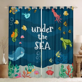 Homemissing Sea Underwater World Window Dreapes Whale Curtains for Bedroom Living Room Kids Ocean Creature Themed Blackout Curtains(30%-50%) Sealife Window Treatments W46*L54
