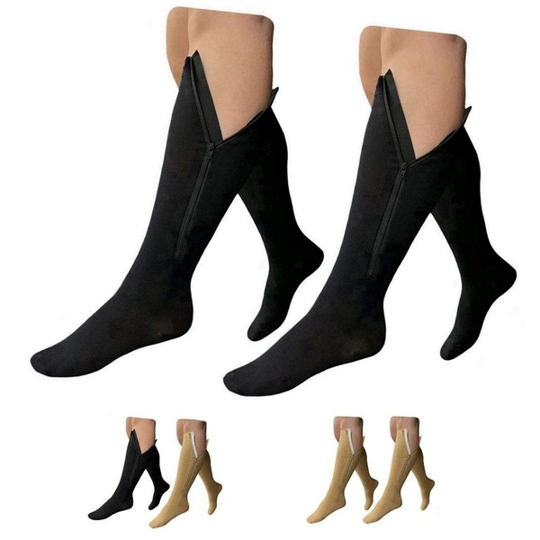 HealthyNees 15-20 mmHg Zipper Compression Wide Big Calf Socks 2 Pack Closed Toe (2 Pairs Black, 4XL)