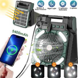 Solar Powered Fan Camping with LED Light 5400mAh 4 Speeds Portable Camping Fans